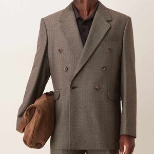 ASOS Men's Double-Breasted Wool Look Blazer in Herringbone Brown